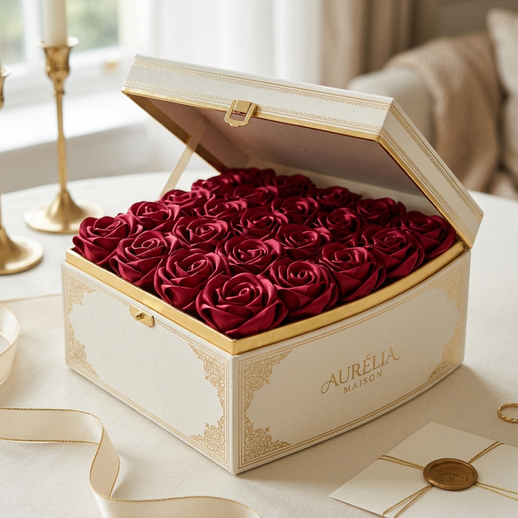 Gift box of handcrafted satin flowers
